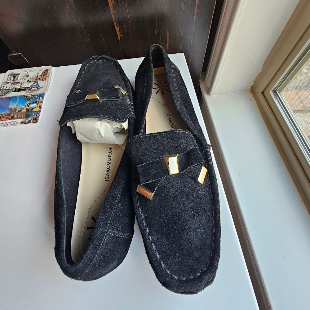 Isaac Mizrahi Black Suede Loafers with Gold Accents - Picture 4 of 7